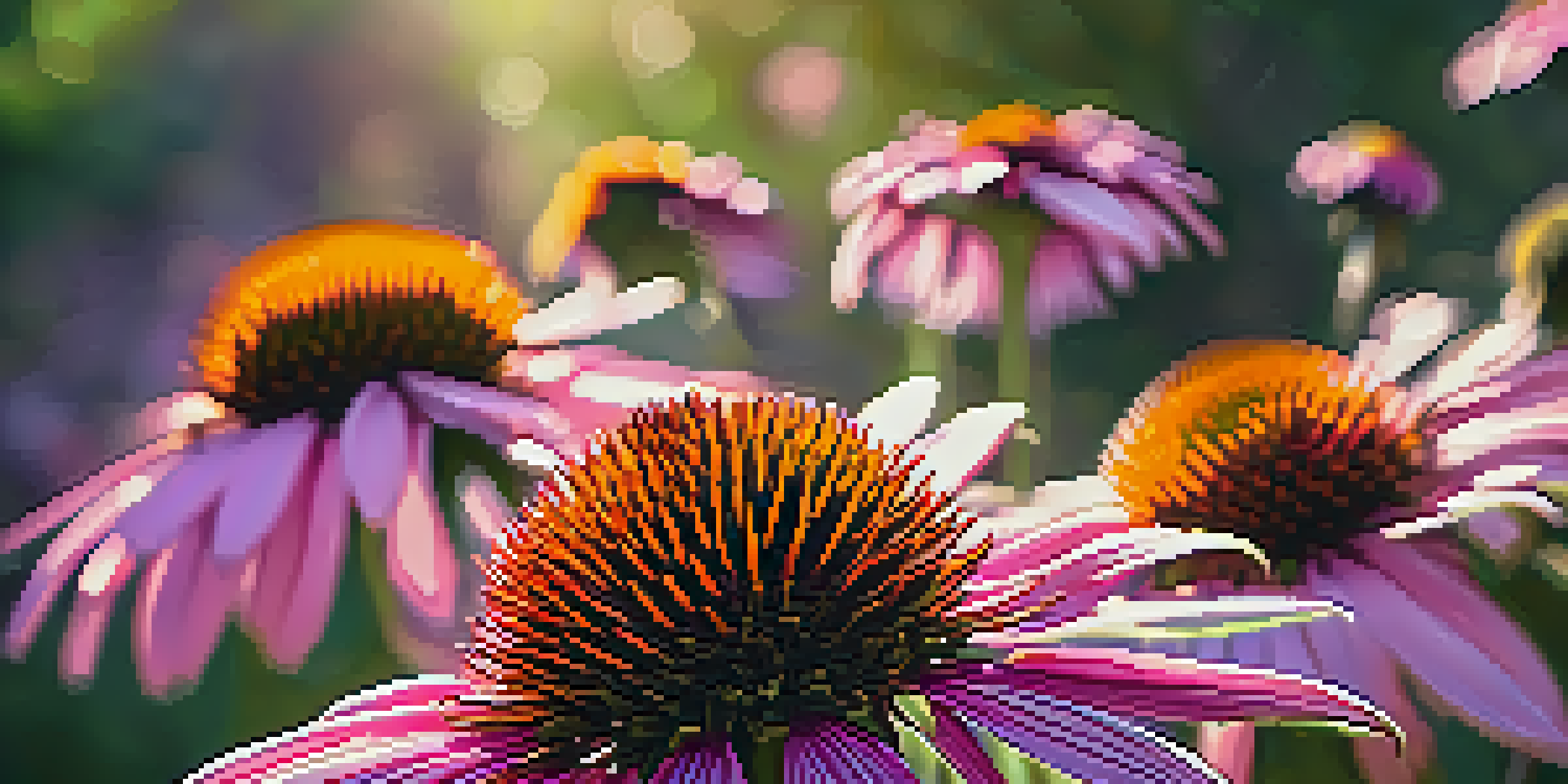 A close-up of Echinacea flowers in a sunny garden, with pink and purple petals illuminated by sunlight.