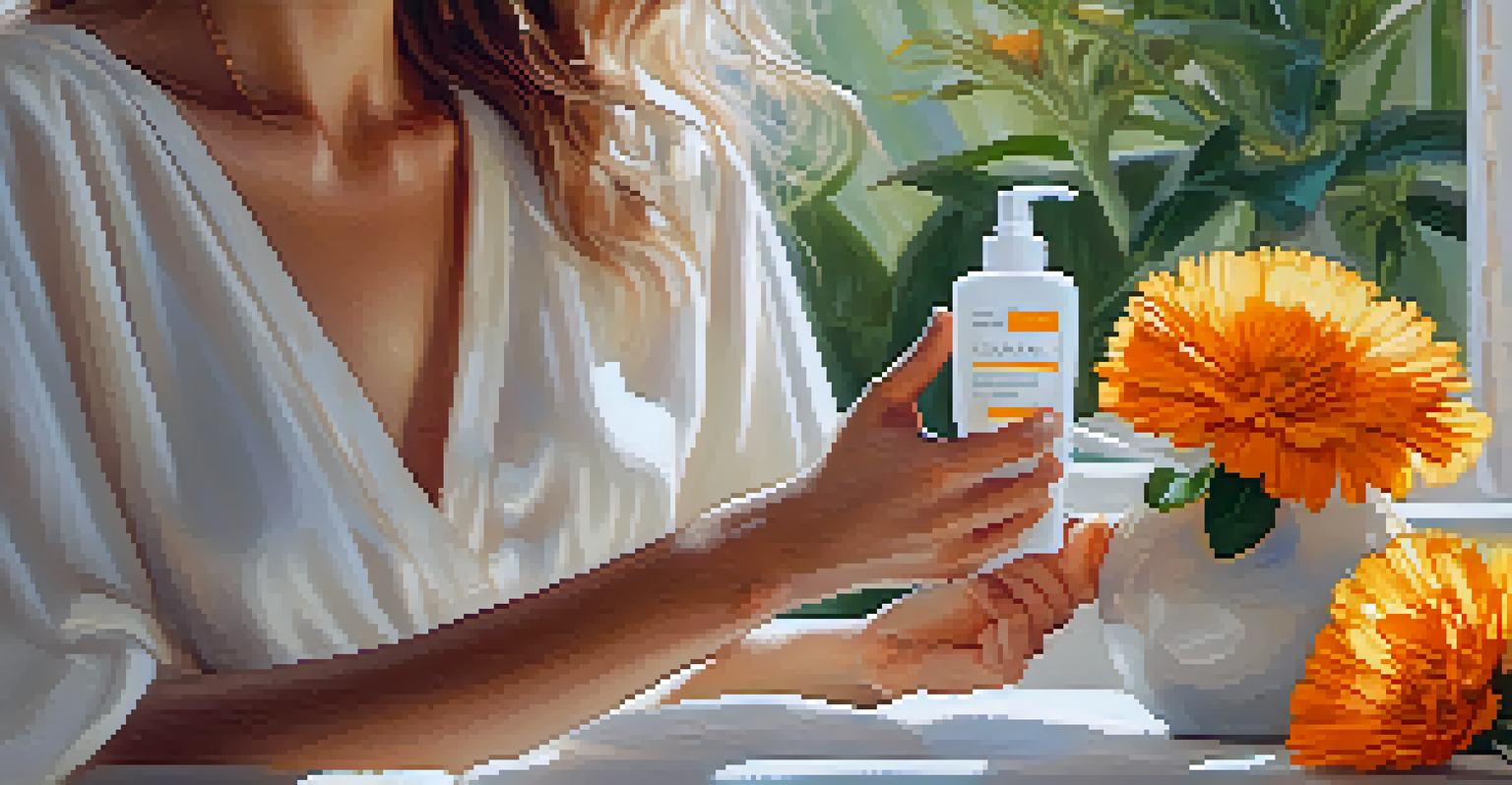 Person applying calendula cream to their arm with flowers in the background.