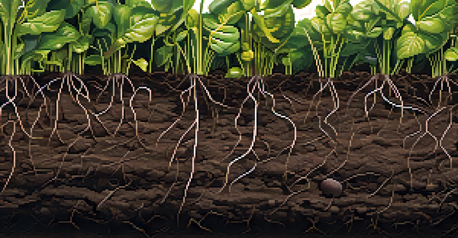 A close-up of rich soil with roots, earthworms, and organic matter, illustrating soil health.