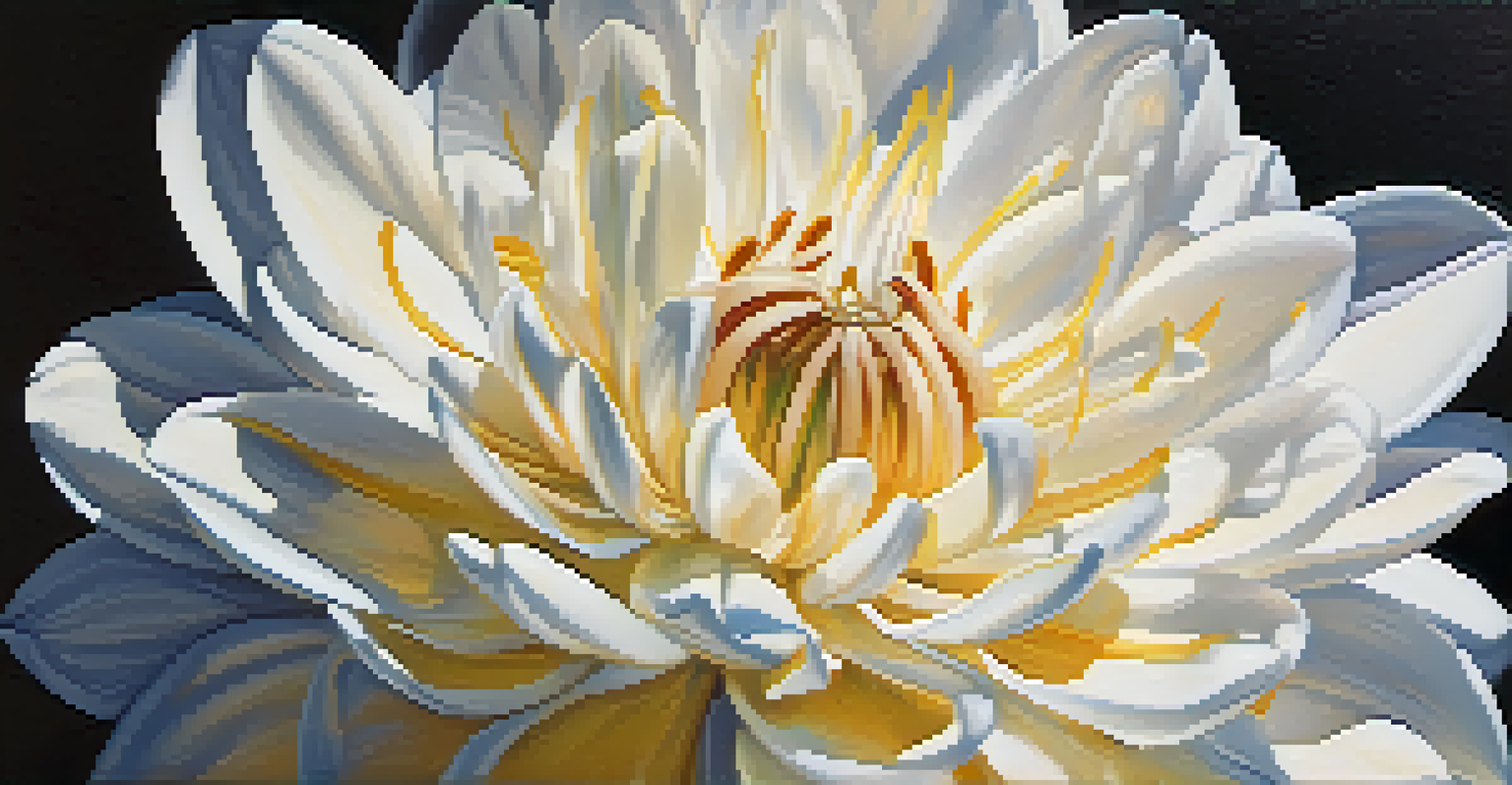 Close-up of a blooming flower with abstract shapes and shadows, illuminated by soft light.