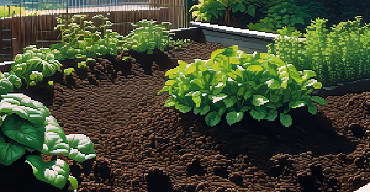 Close-up of rich, healthy soil in an urban garden, showing compost, earthworms, and thriving leafy greens with soft sunlight filtering through the leaves.