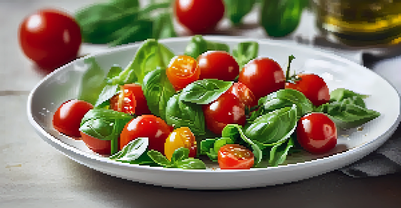A close-up of a fresh salad garnished with basil and cherry tomatoes on a white plate.