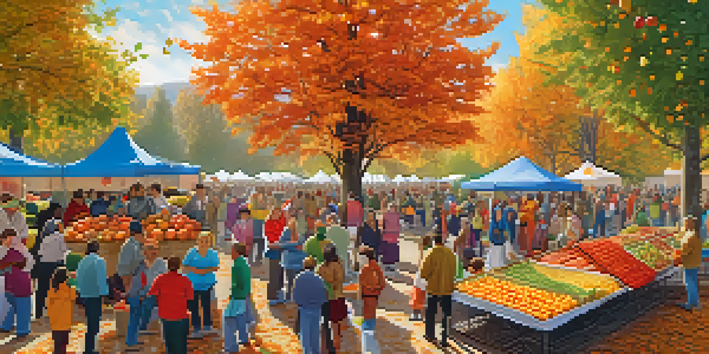 A lively community harvest festival with colorful decorations, families participating in activities, and a backdrop of autumn trees and a clear sky.