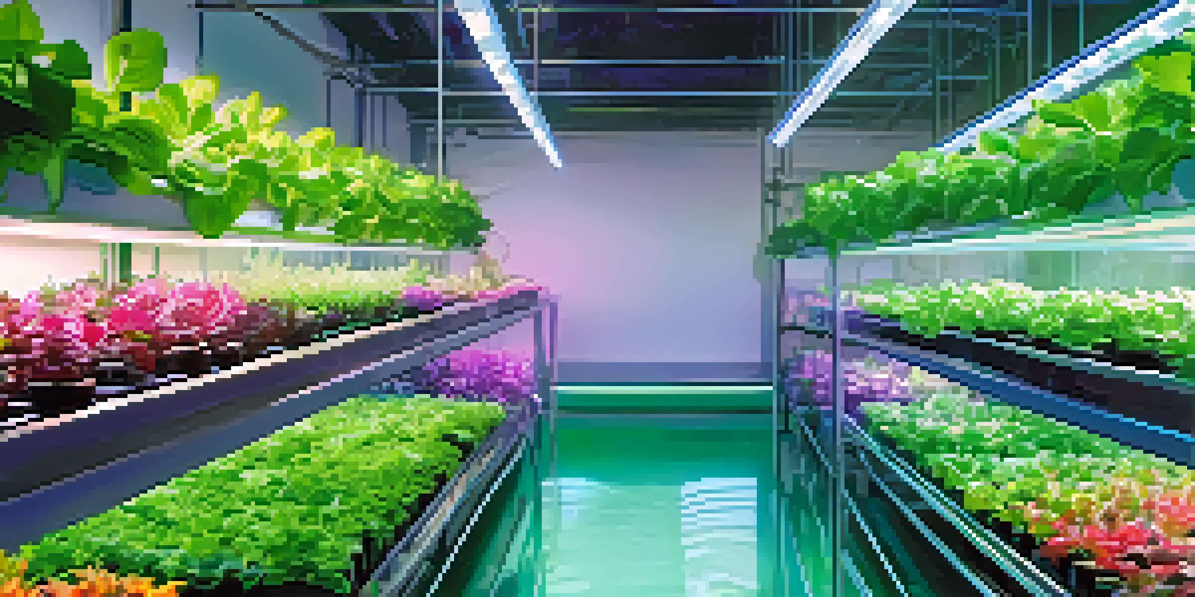 A hydroponic garden with lush green plants illuminated by colorful LED lights in a modern indoor setting.