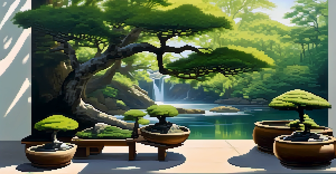 A tranquil outdoor scene featuring several bonsai trees on a stone bench, surrounded by greenery and a stream, with sunlight filtering through.