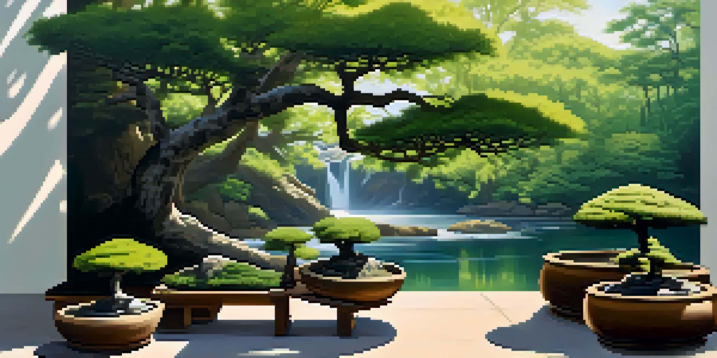 A tranquil outdoor scene featuring several bonsai trees on a stone bench, surrounded by greenery and a stream, with sunlight filtering through.
