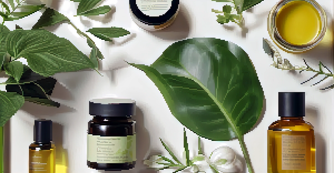 Flat lay of plant-based beauty products with glass jars of natural oils and vibrant botanical extracts surrounded by green leaves.