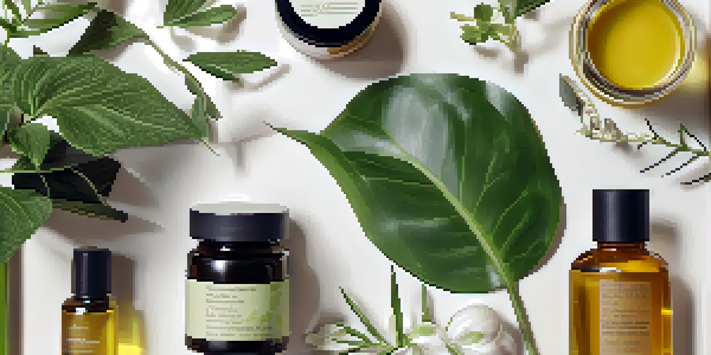 Flat lay of plant-based beauty products with glass jars of natural oils and vibrant botanical extracts surrounded by green leaves.