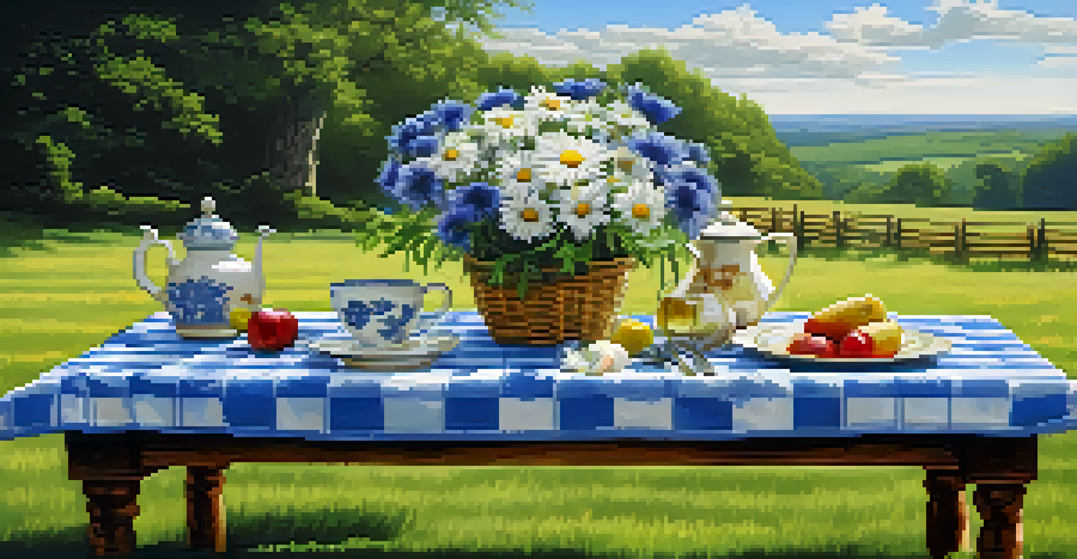 A picnic table setting featuring a bouquet of cornflowers and daisies, surrounded by a checkered blanket and vintage crockery.