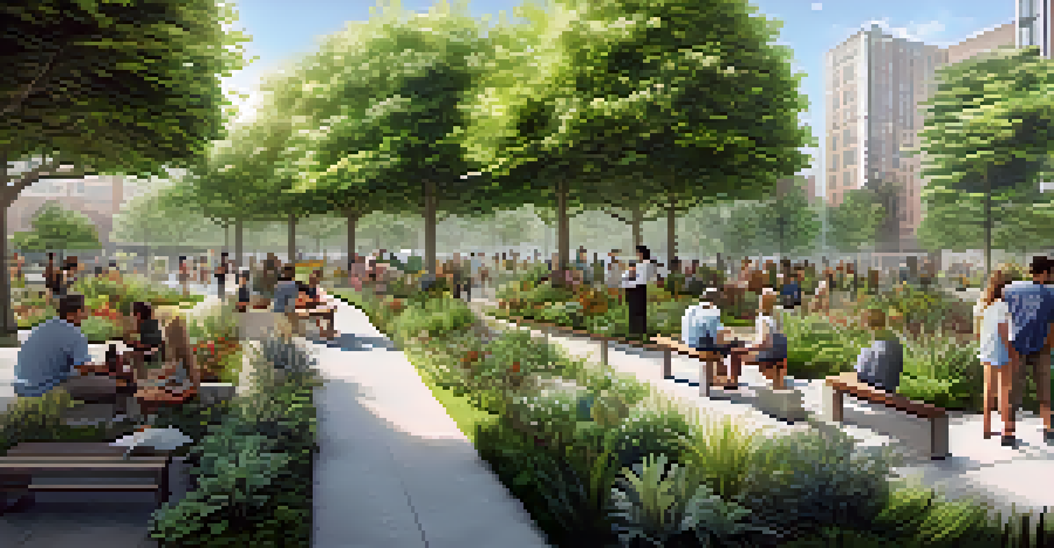 A community space with people tending to a large vertical garden filled with various plants, set in a sunny urban area.