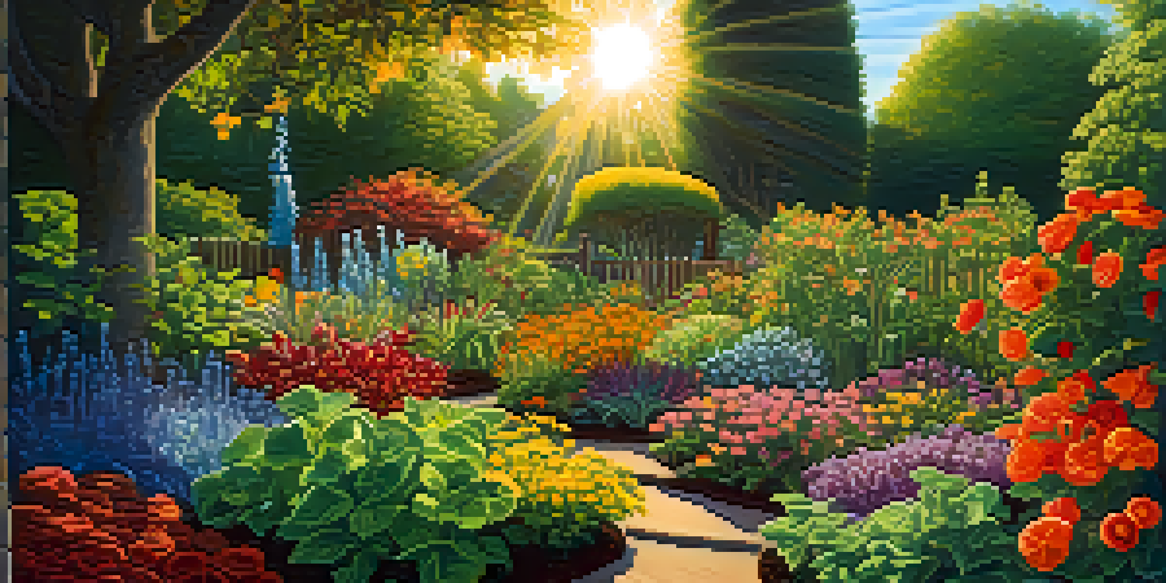 A bright garden filled with various healthy plants and flowers, with rich soil visible in the foreground, illuminated by sunlight.