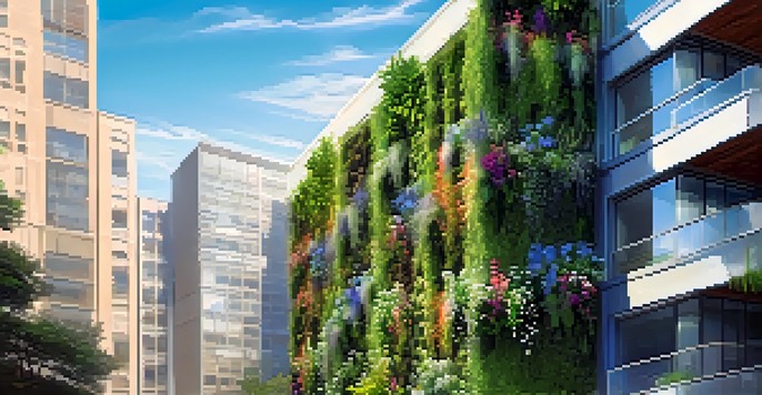 A colorful vertical garden on a modern building, showcasing various plants and flowers with sunlight filtering through the leaves.