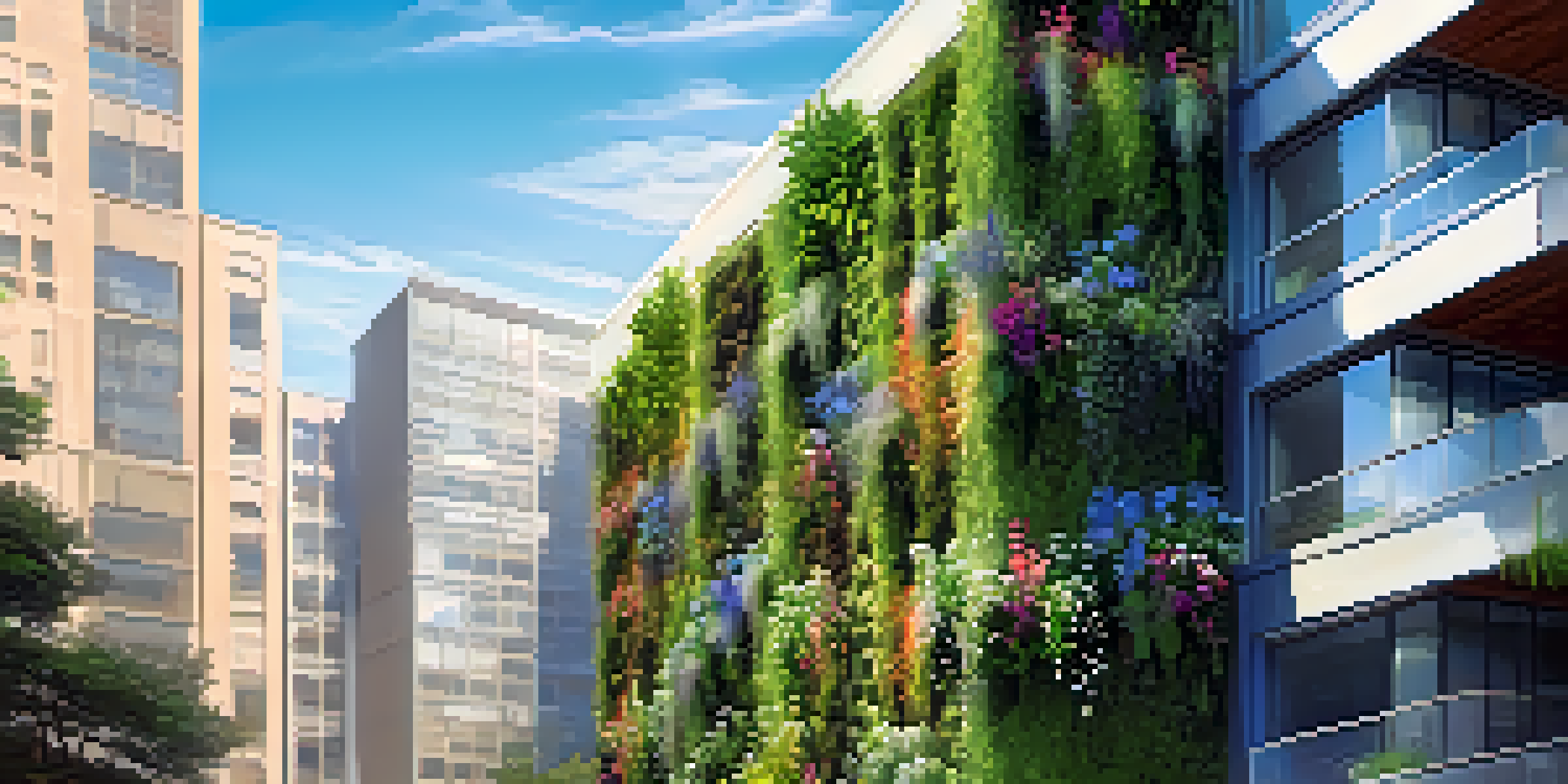 A colorful vertical garden on a modern building, showcasing various plants and flowers with sunlight filtering through the leaves.