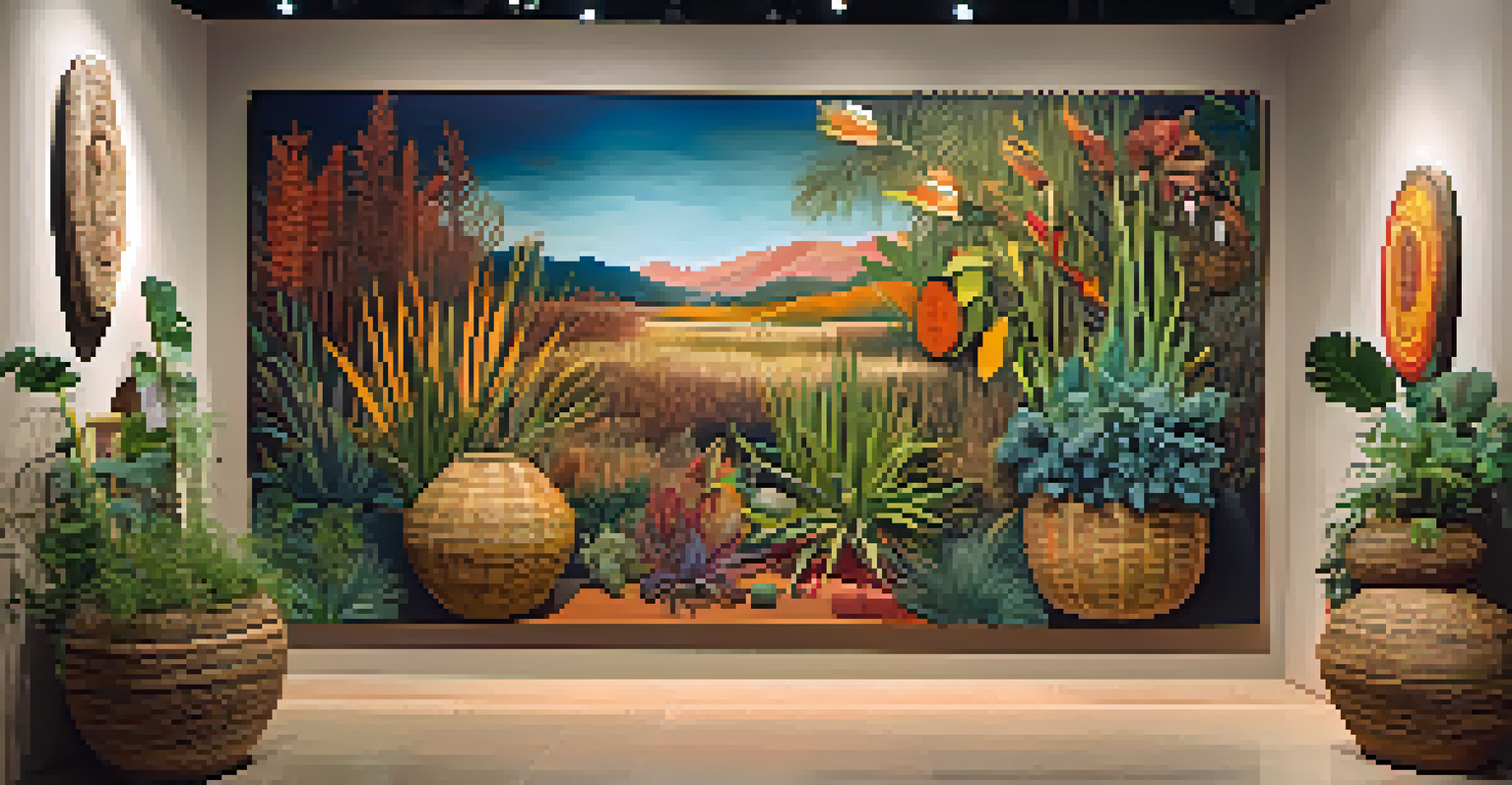 An artistic installation blending traditional and contemporary art, showcasing native plants and an abstract mural that tells Indigenous stories.