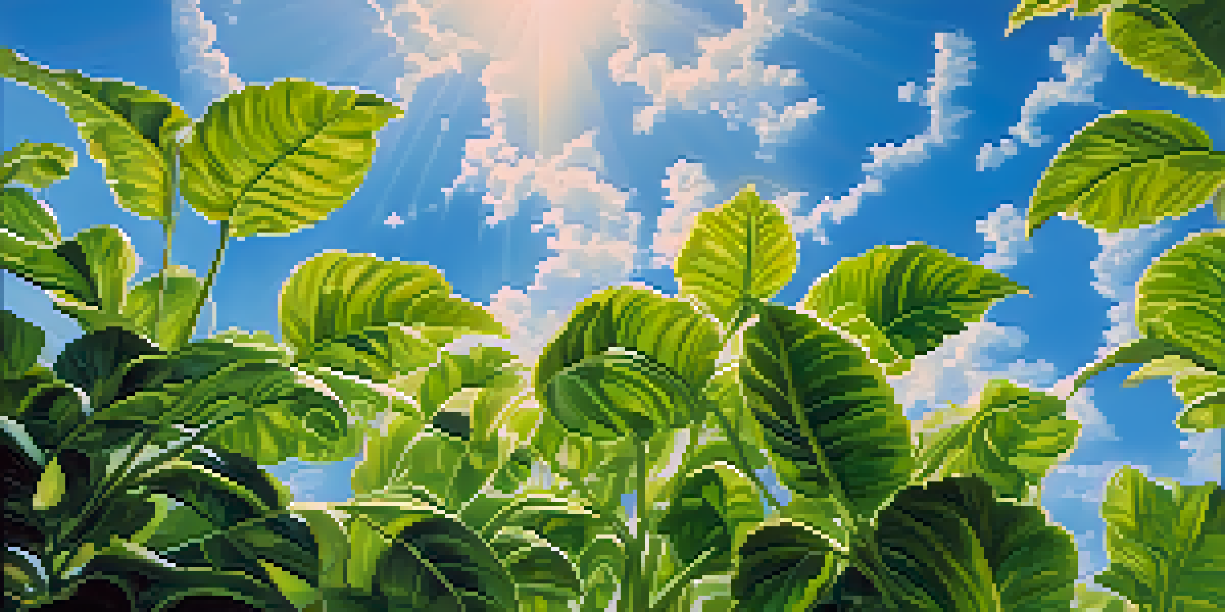 A close-up of healthy green plants in a garden with sunlight filtering through leaves and a blue sky in the background.