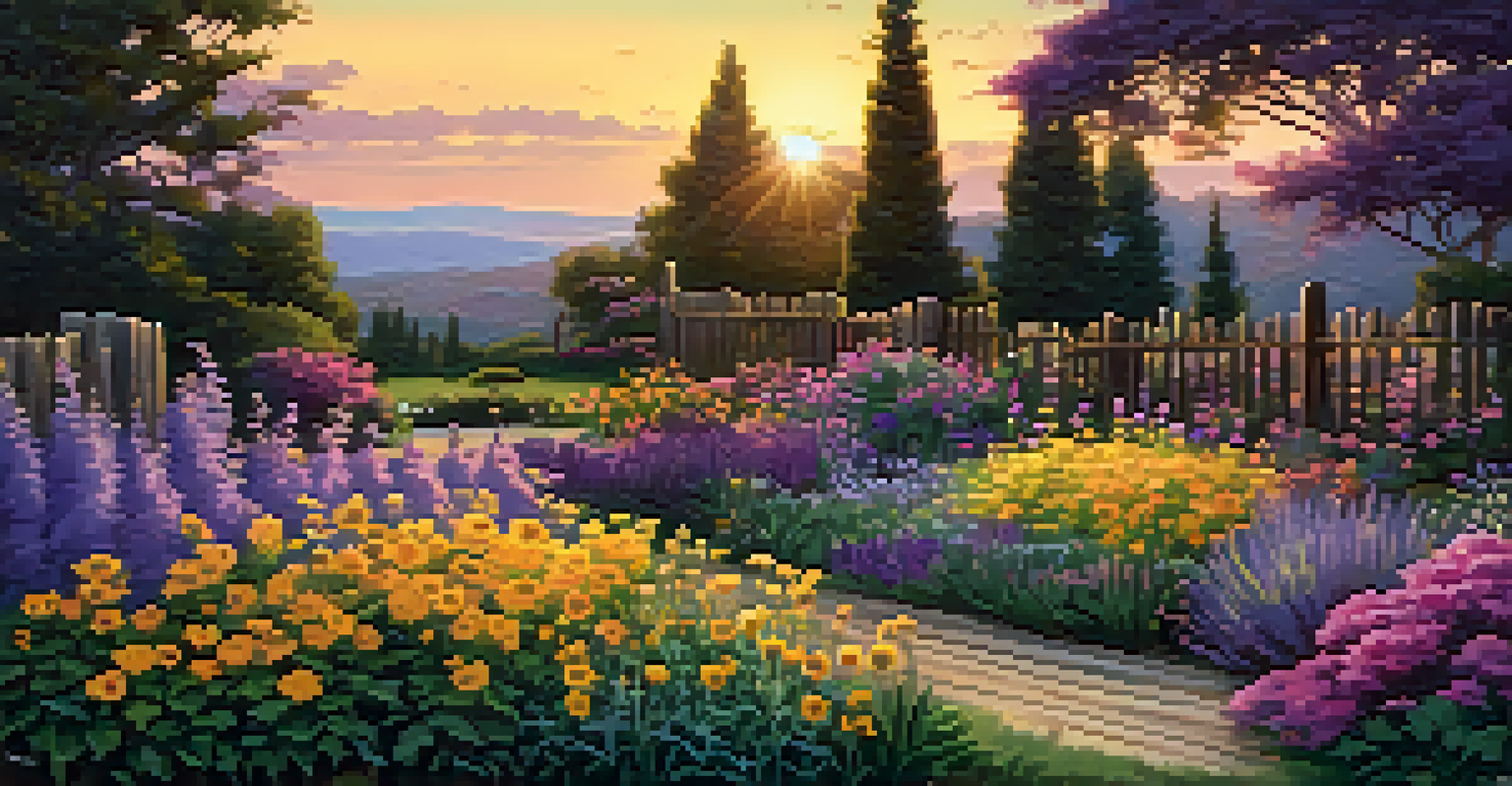A picturesque garden scene at sunset with various colorful flowers and a wooden fence.