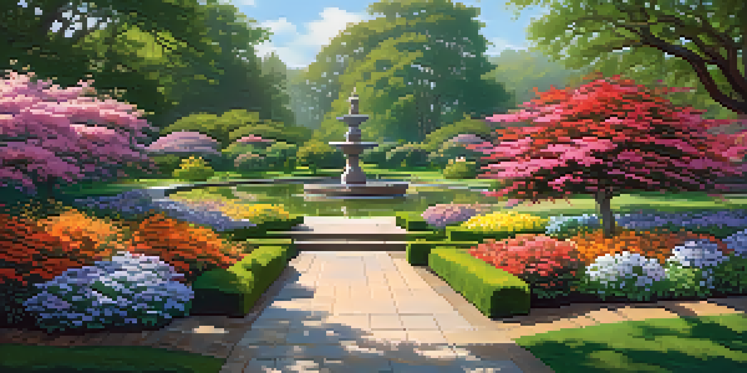 A beautiful botanical garden filled with various colorful flowers and greenery under soft morning light, with a path and a water feature.