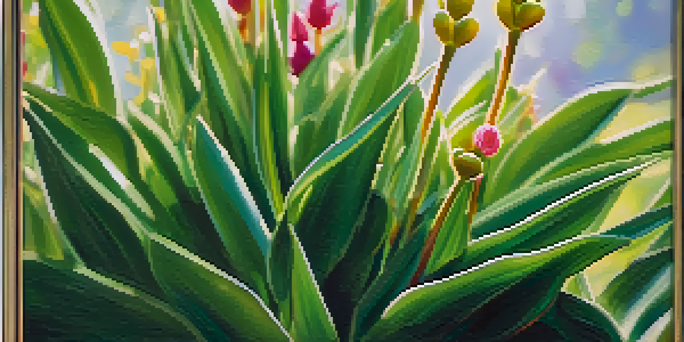 A close-up of a green plant with elongated stems and lush leaves illuminated by gentle morning sunlight, with a blurred garden in the background.