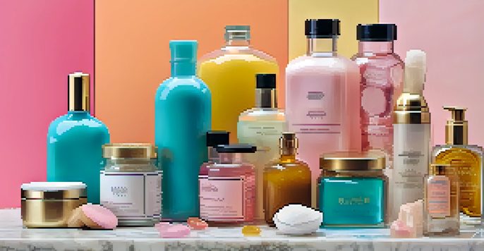 A collection of colorful synthetic beauty ingredient products displayed on a marble surface, illuminated by soft natural light.
