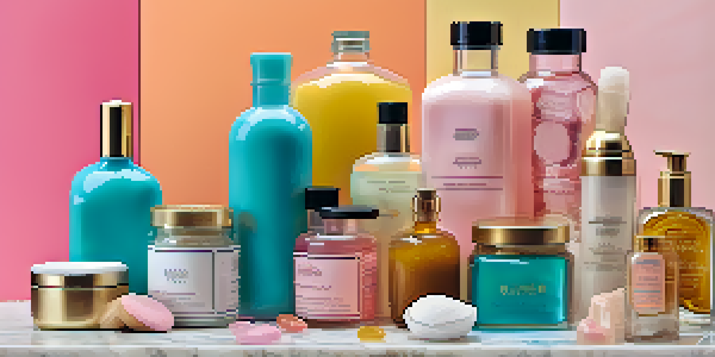 A collection of colorful synthetic beauty ingredient products displayed on a marble surface, illuminated by soft natural light.