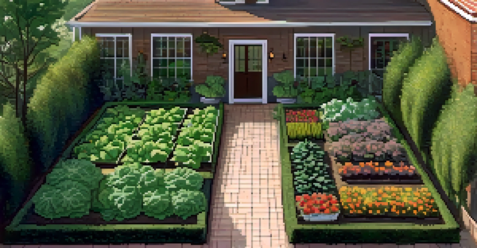 An aerial view of a neatly organized vegetable garden with companion plants and natural barriers.