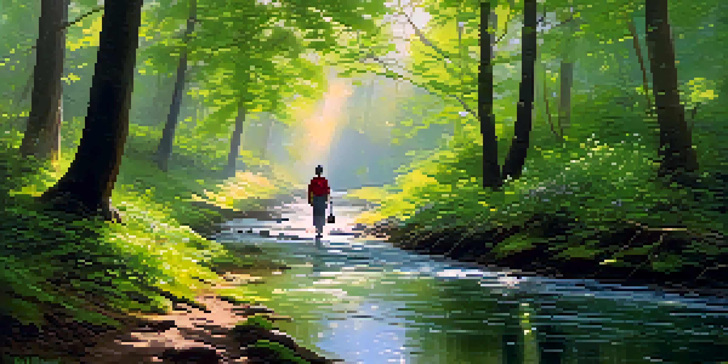 A peaceful forest with sunlight shining through trees, a stream, and a person walking on a path, surrounded by wildflowers.