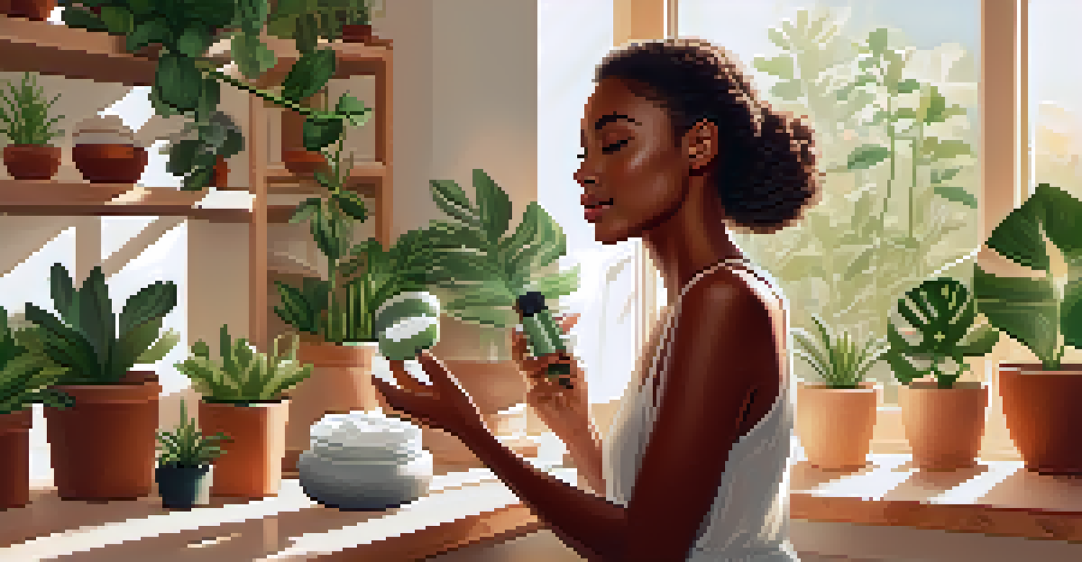 A beauty influencer applying a plant-based moisturizer in a sunlit room filled with greenery and natural beauty products.