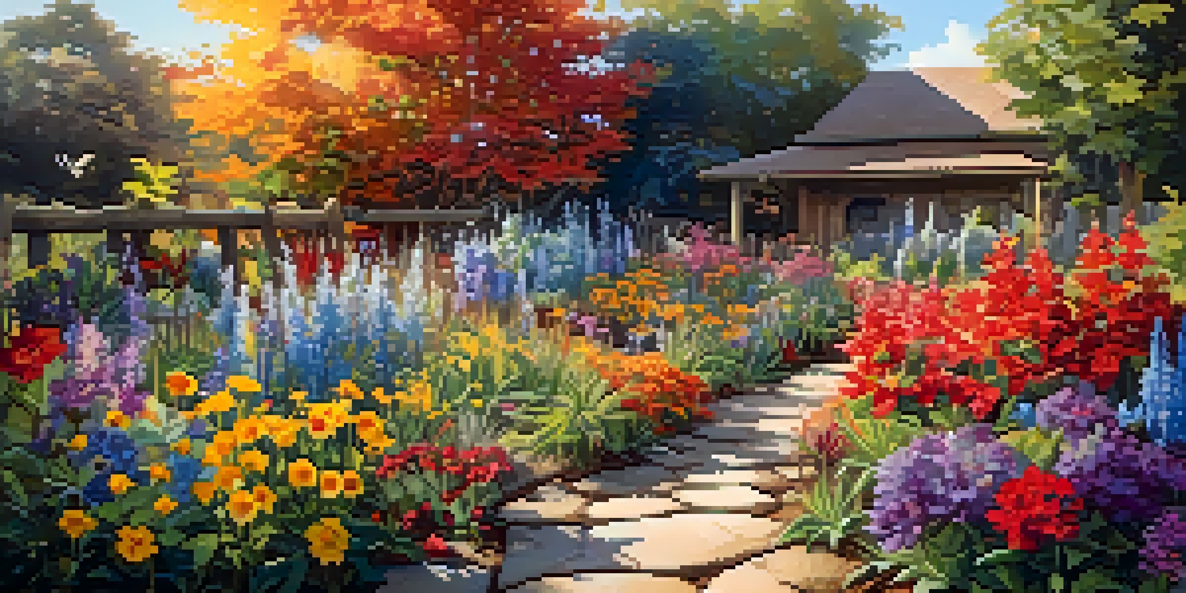 A colorful garden with a variety of flowering plants, bees, and butterflies, illuminated by sunlight.