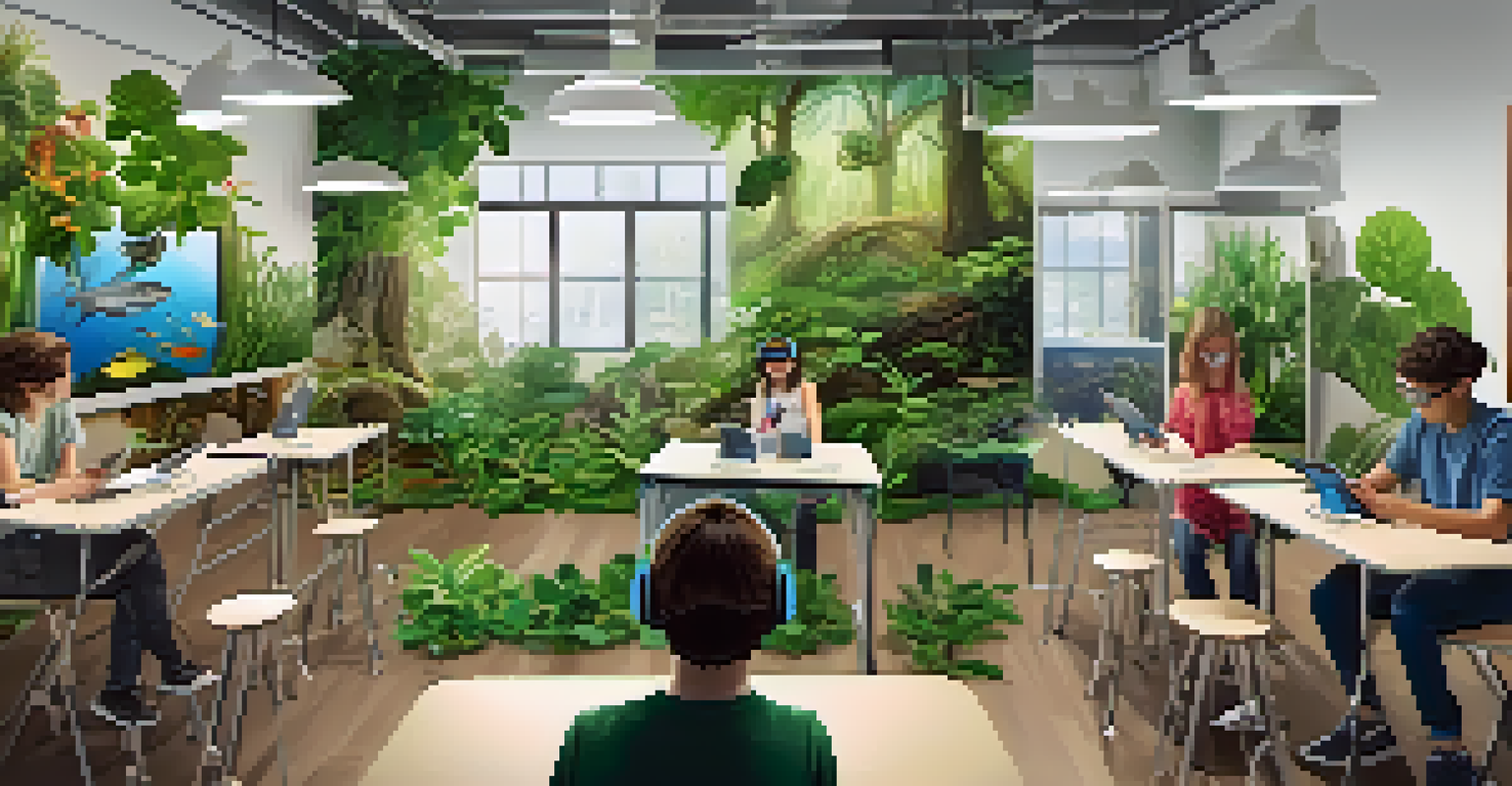 Students in a bright classroom using tablets and virtual reality to learn about ecosystems and plant sustainability.