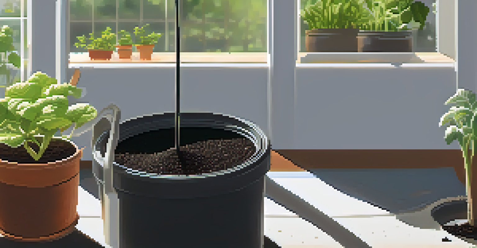 A close-up of rich potting mix being poured into a pot in a greenhouse, with seedlings visible in the background.