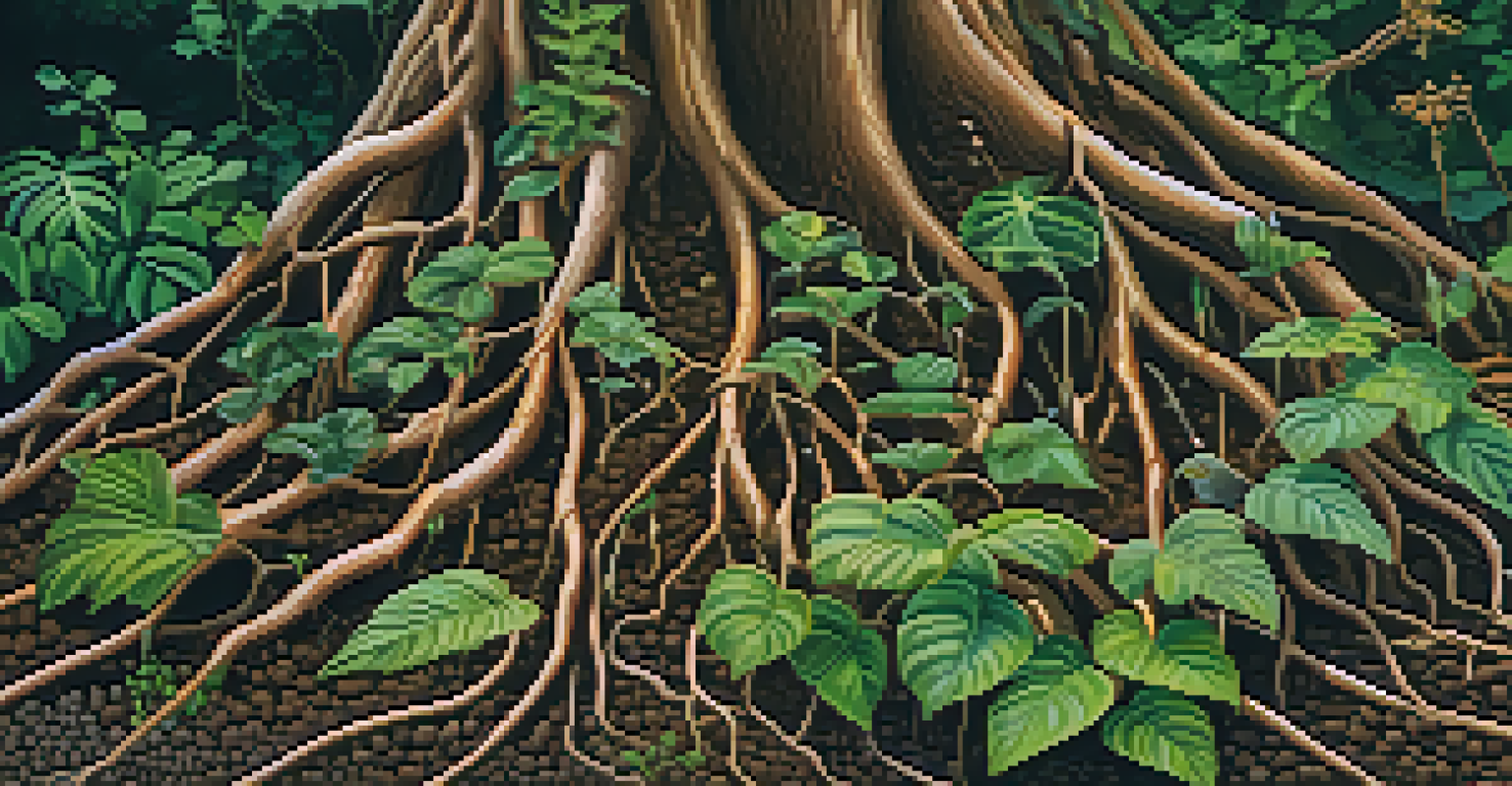 A close-up of native plant roots anchoring the soil, with visible insects and a healthy ecosystem.