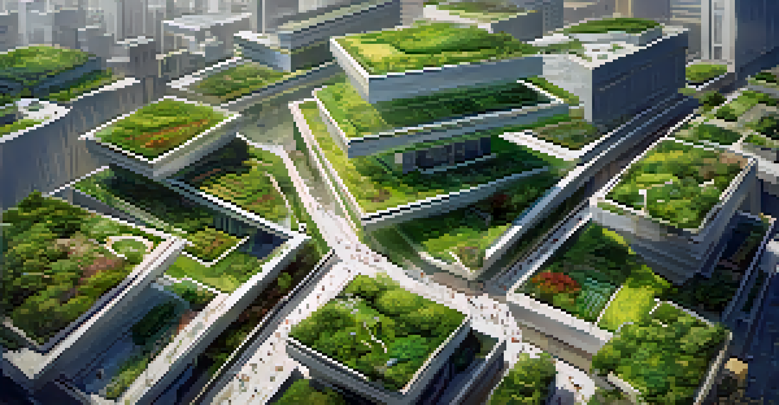 Aerial view of several green roofs in a city, featuring diverse vegetation and urban activity below.