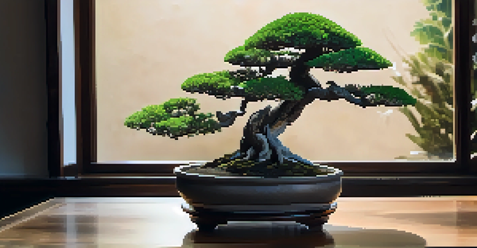 A close-up view of a bonsai tree in a decorative pot on a wooden table, showcasing its unique soil mix and vibrant green leaves under soft natural light.