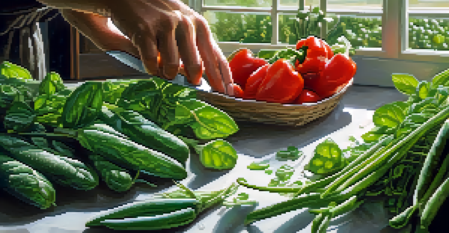 A close-up of a hand harvesting fresh basil leaves in a garden, with dew on the leaves and vegetables in the background.