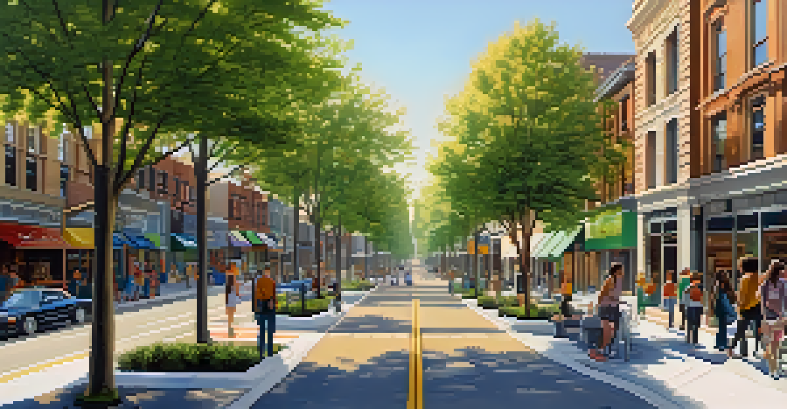Aerial view of a tree-lined street in an urban area, full of pedestrians and colorful storefronts, illuminated by late afternoon light.