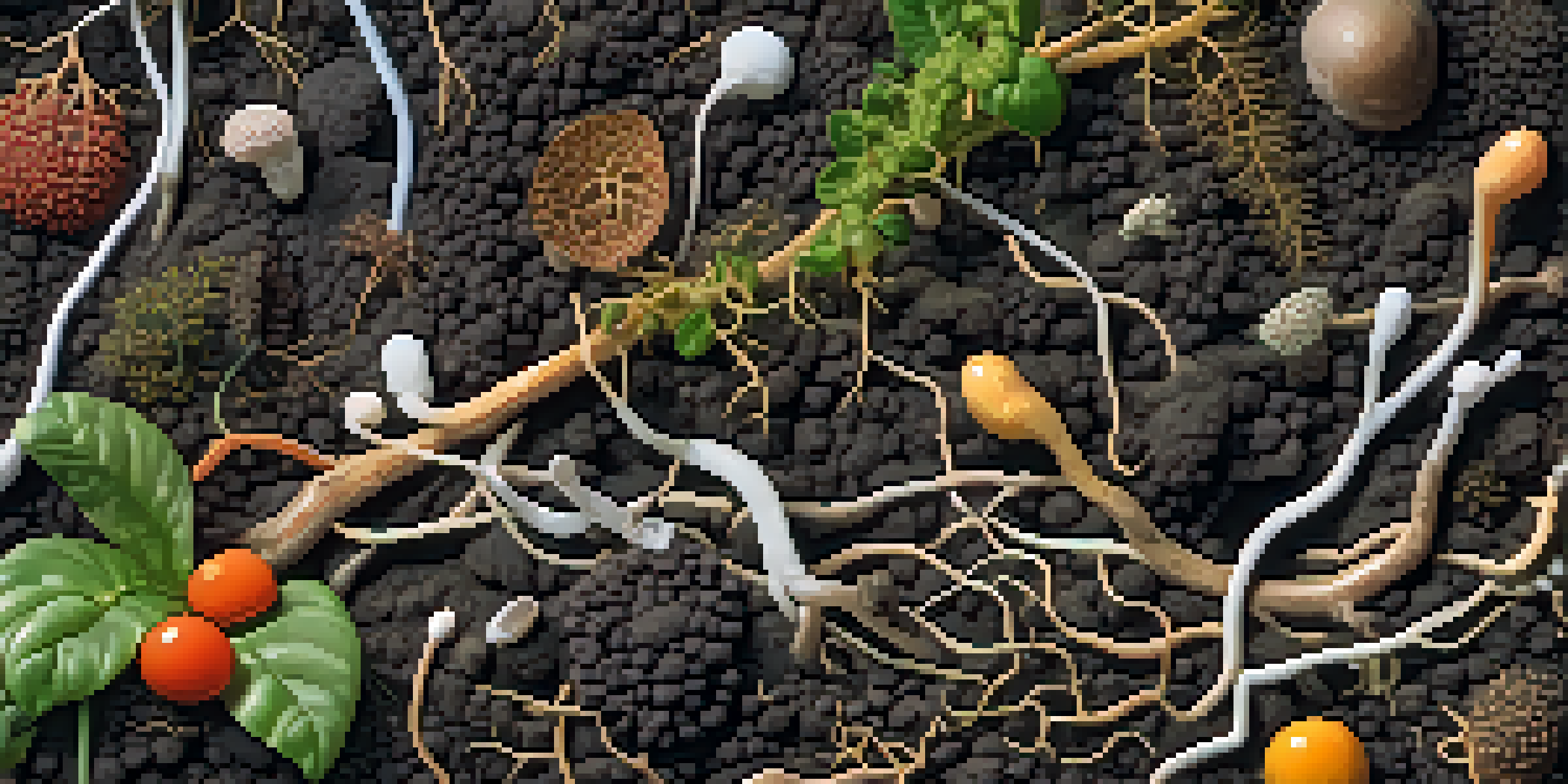 A close-up view showing a healthy soil microbiome with diverse microorganisms and plant roots under natural sunlight.