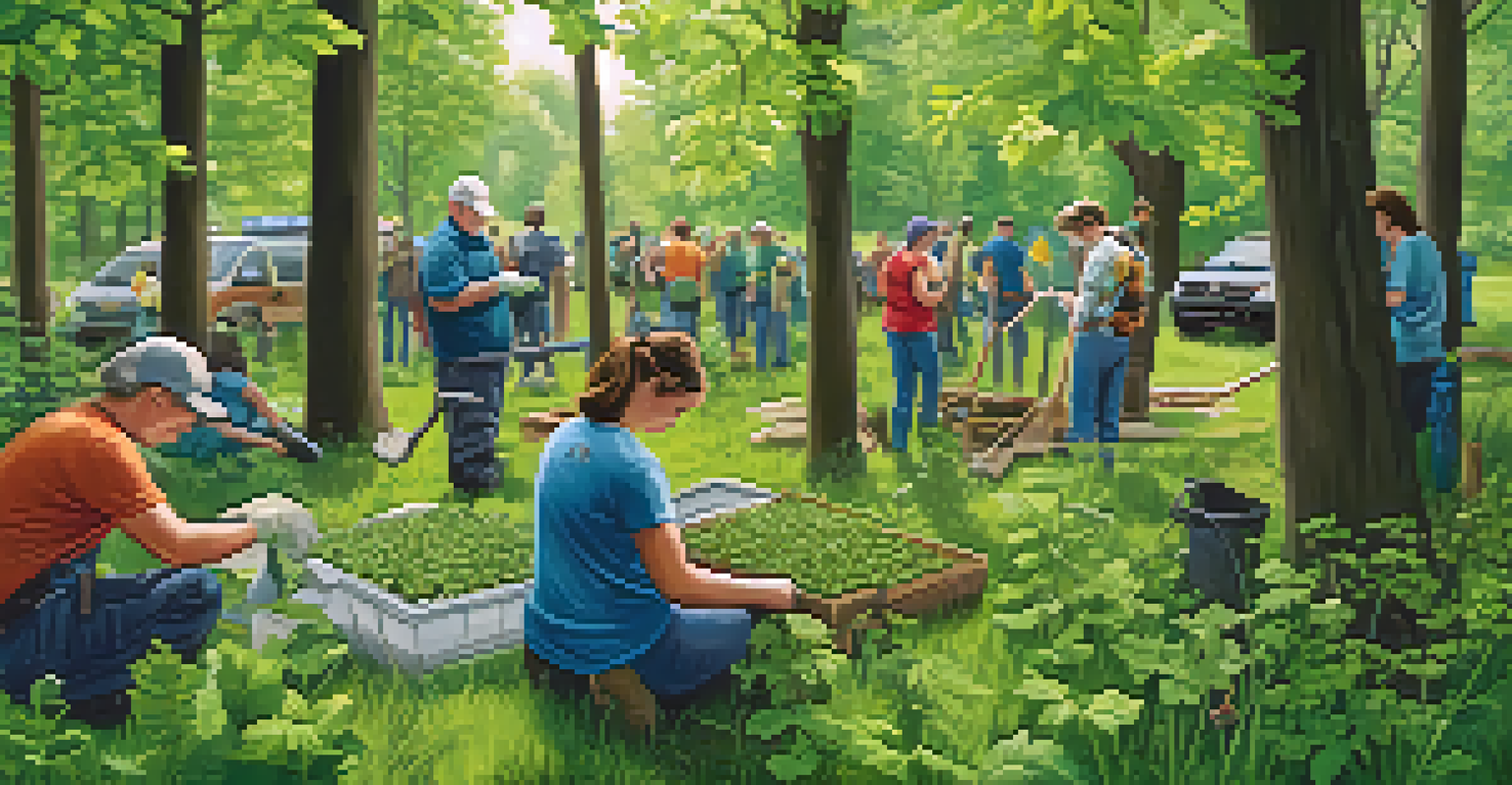 A diverse group of volunteers removing invasive plants in a park, with tools and educational materials visible around them.