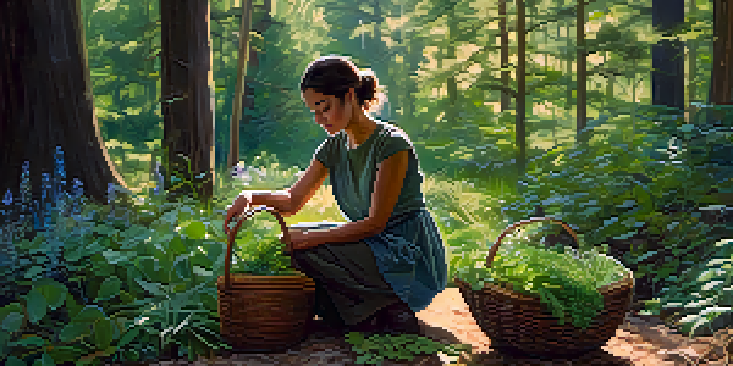 A person kneeling in a forest, examining wild herbs with a basket of foraged greens beside them.