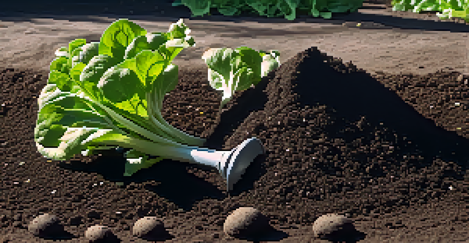 Close-up of rich garden soil with emerging seedlings and garden tools in soft morning light.