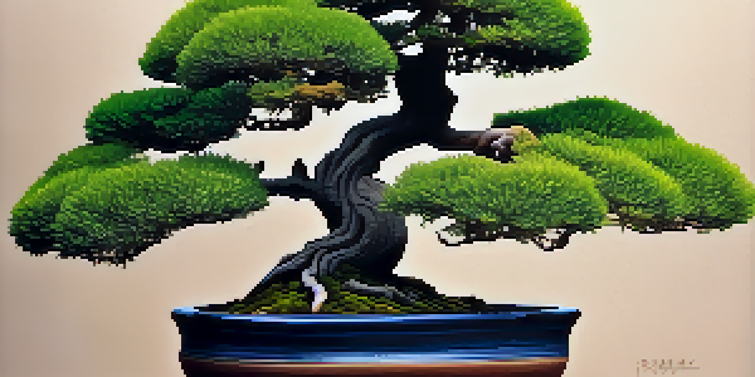 A bonsai tree in a traditional unglazed clay pot with soft natural light and green foliage in the background.