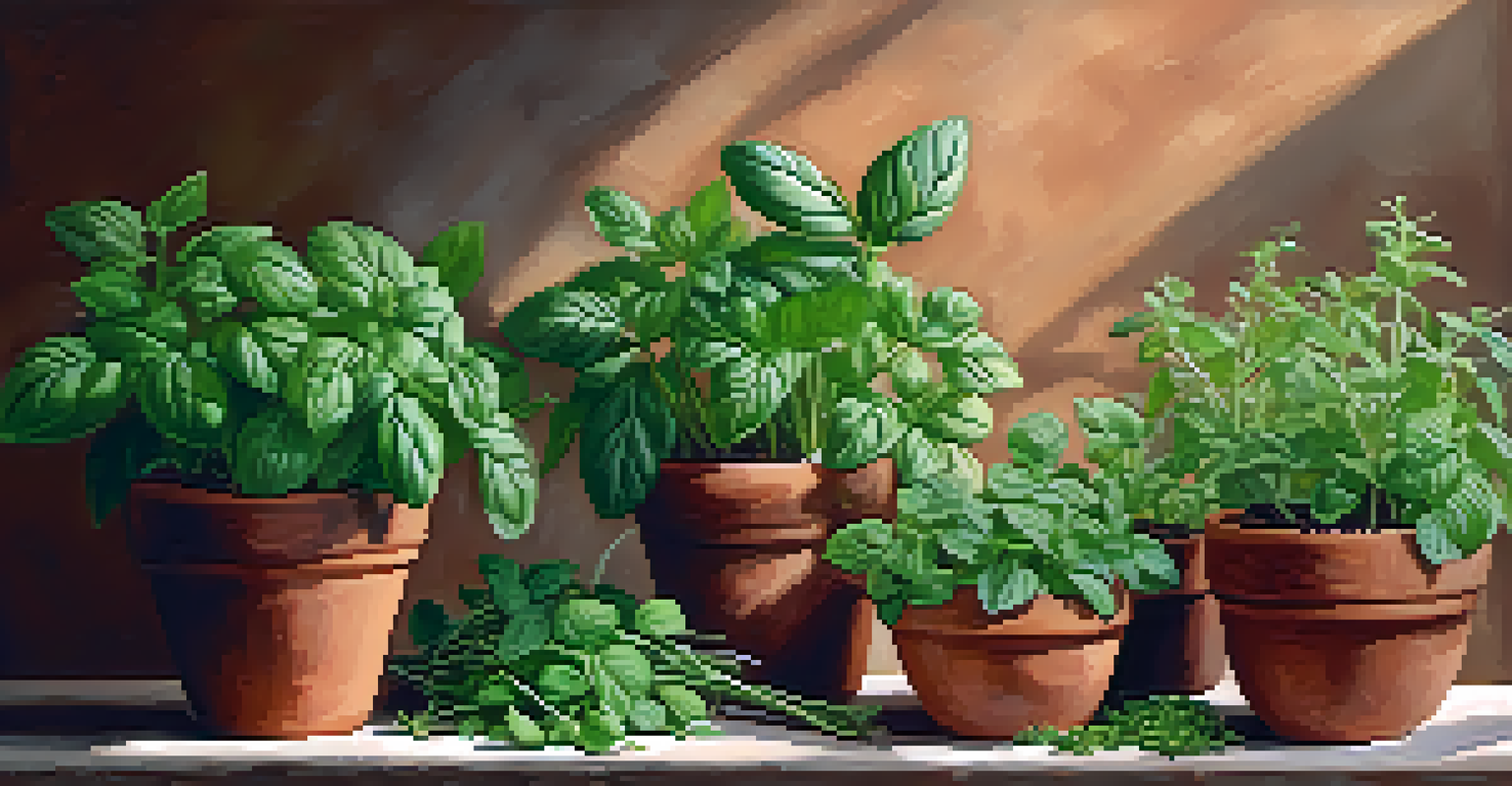 Arrangement of basil and mint stem cuttings in terracotta pots on a rustic wooden table, softly lit to highlight textures.