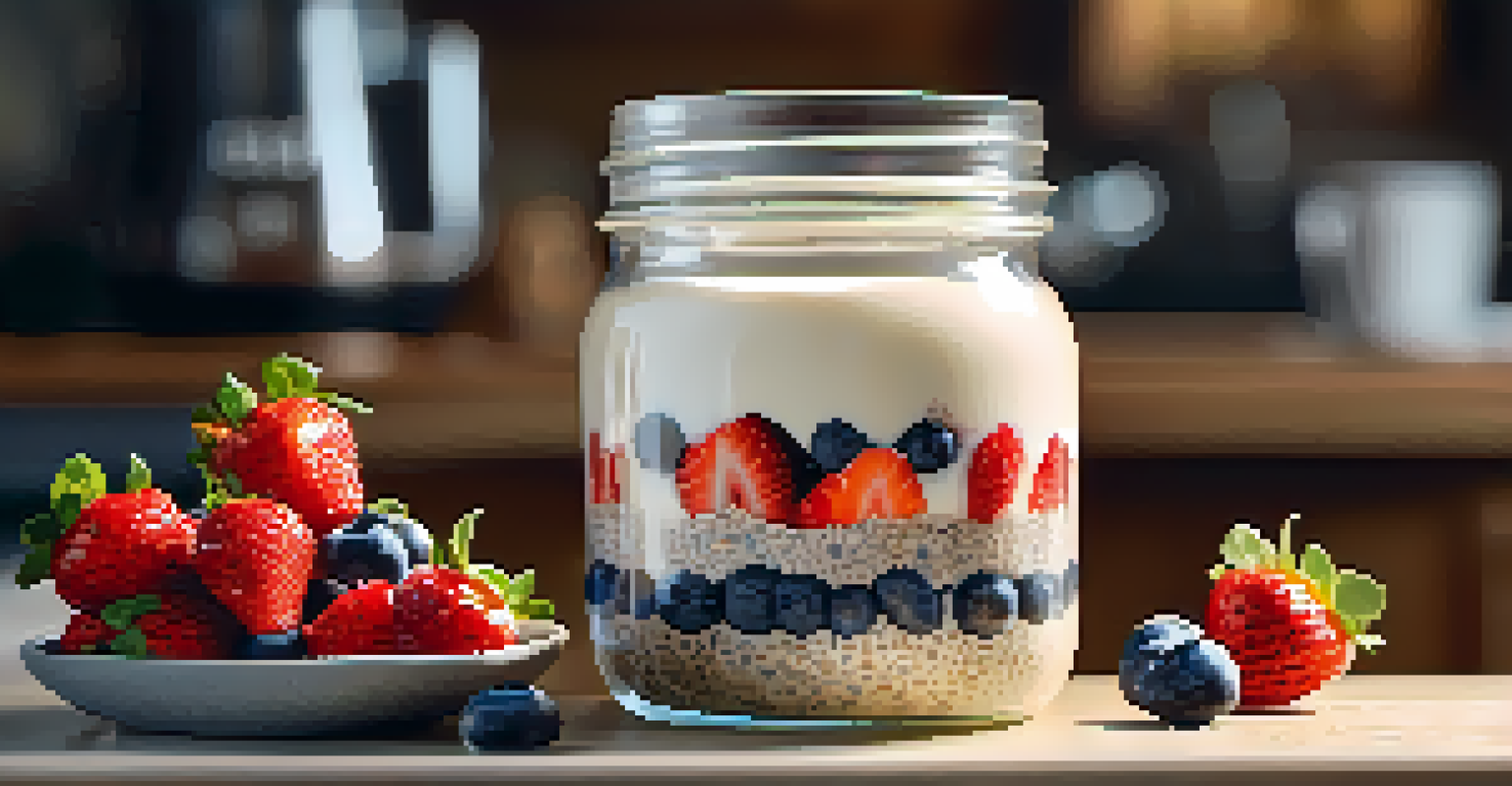 A close-up of a jar of overnight oats with fruits and seeds, set in a cozy kitchen environment.