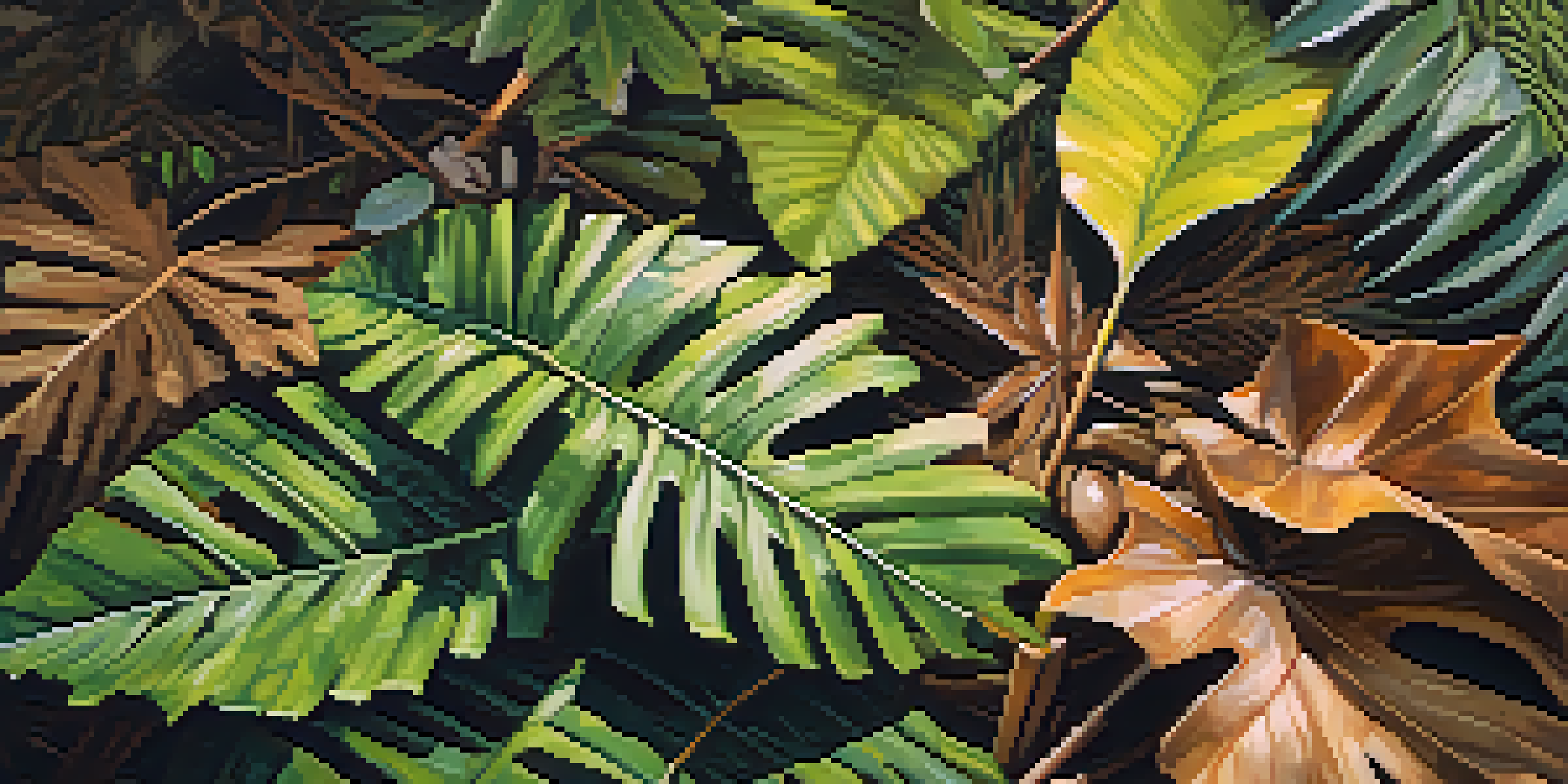 A close-up view of various leaf shapes, including broad tropical leaves and needle-like conifer leaves, with sunlight creating shadows on the ground.