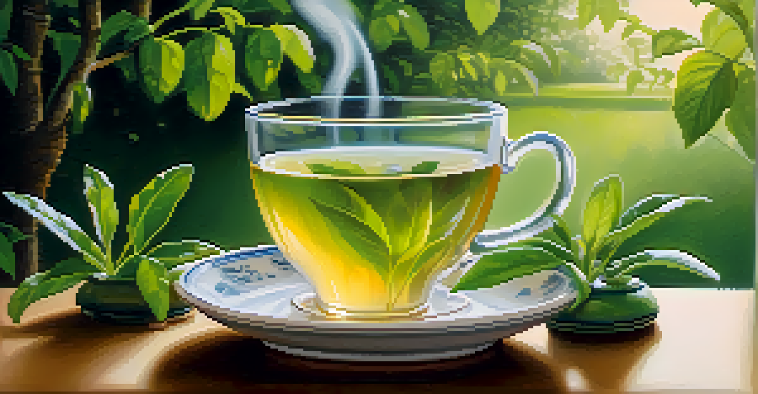 A steaming cup of green tea on a table with fresh green tea leaves and honey, set against a blurred garden background with soft morning light.