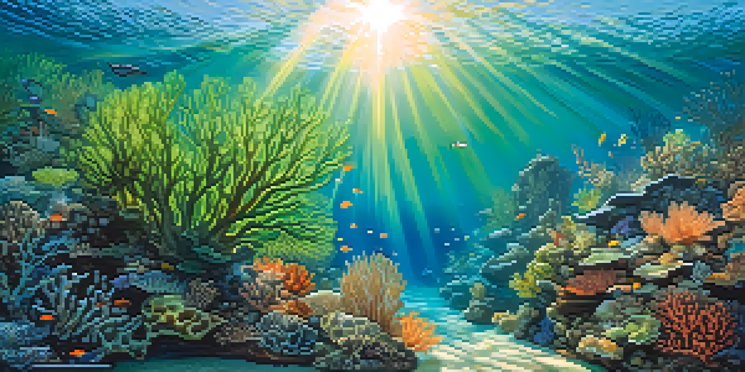 An underwater scene displaying colorful algae in a coral reef with sunlight filtering through the water.