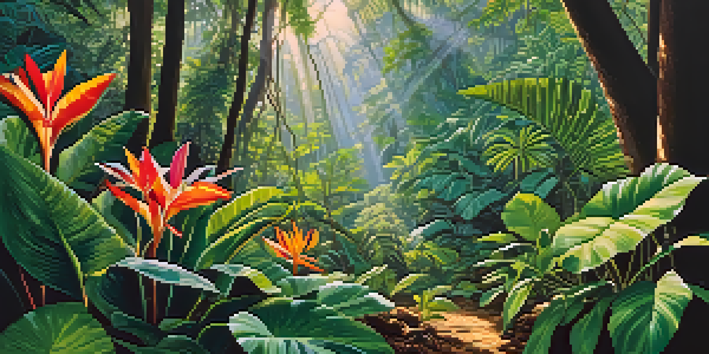 A colorful tropical rainforest with diverse plants and flowers, sunlight filtering through the canopy.