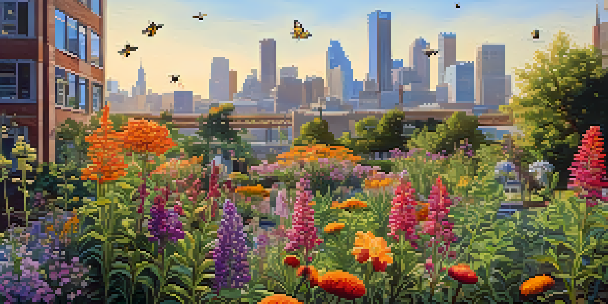 A colorful urban garden with native flowers attracting bees and butterflies, set against a city skyline in bright sunlight.
