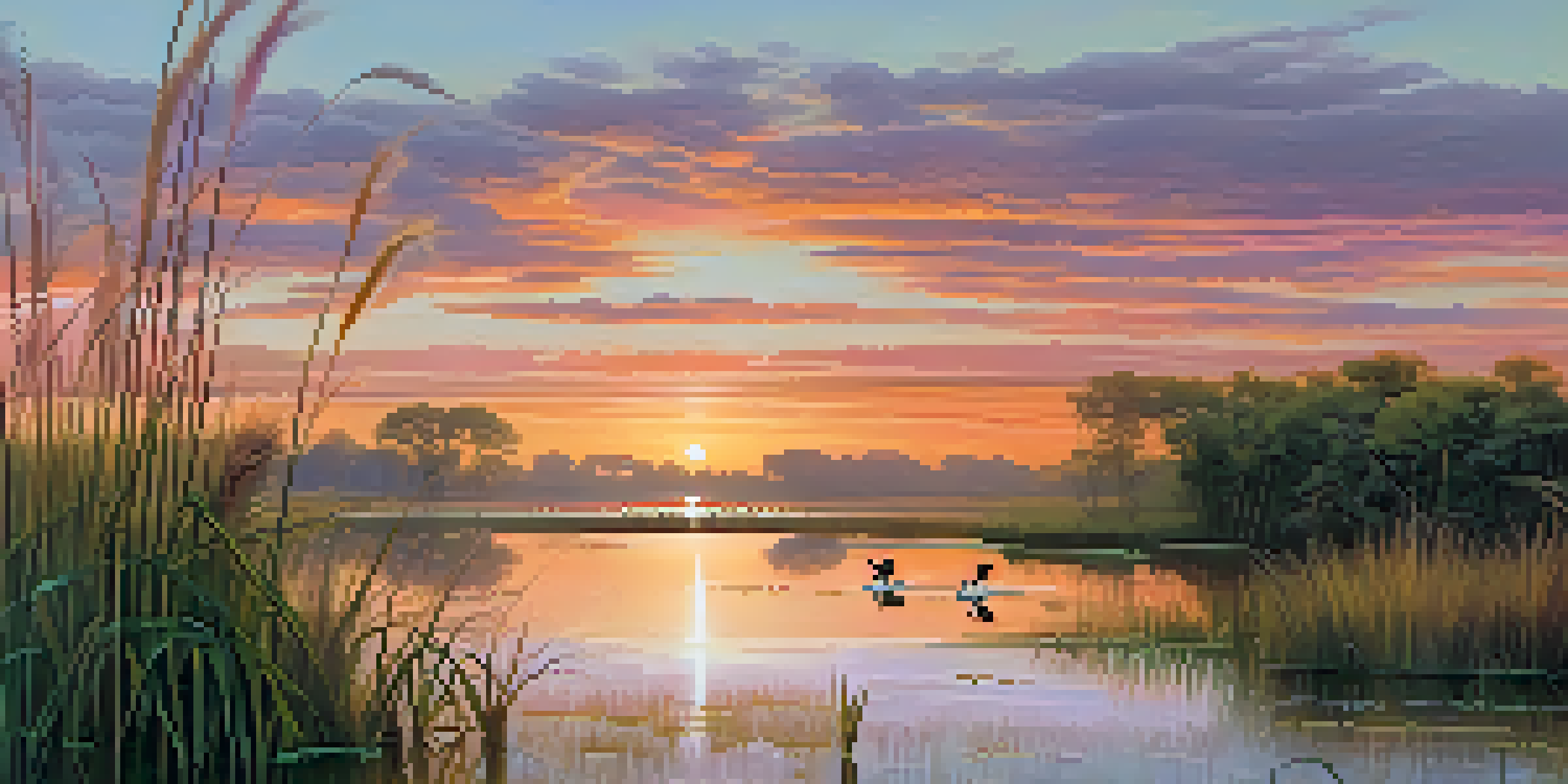 A tranquil wetland scene during sunrise with colorful reflections in the water and birds in the foreground.