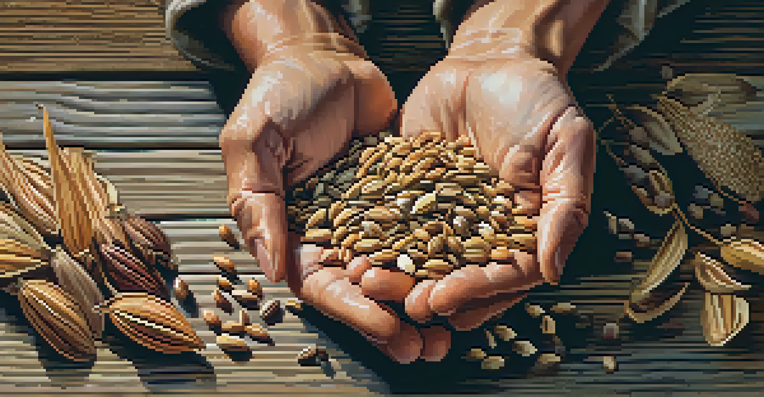 A close-up image of a person's hands holding a variety of seeds against a rustic wooden table, showcasing different colors and sizes of seeds.