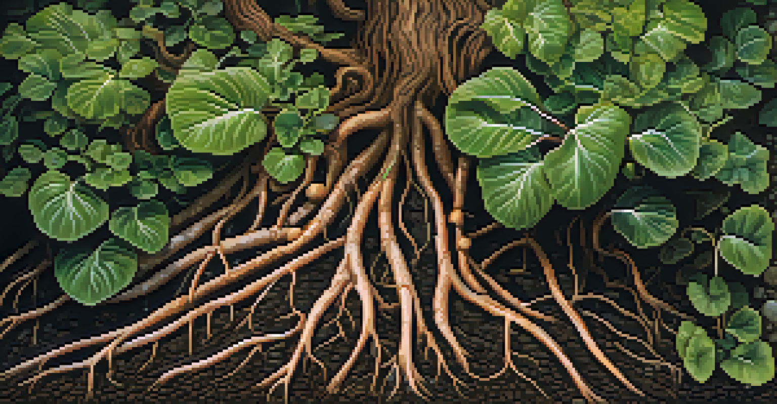 A detailed view of a plant's root system growing in rich soil with water droplets.